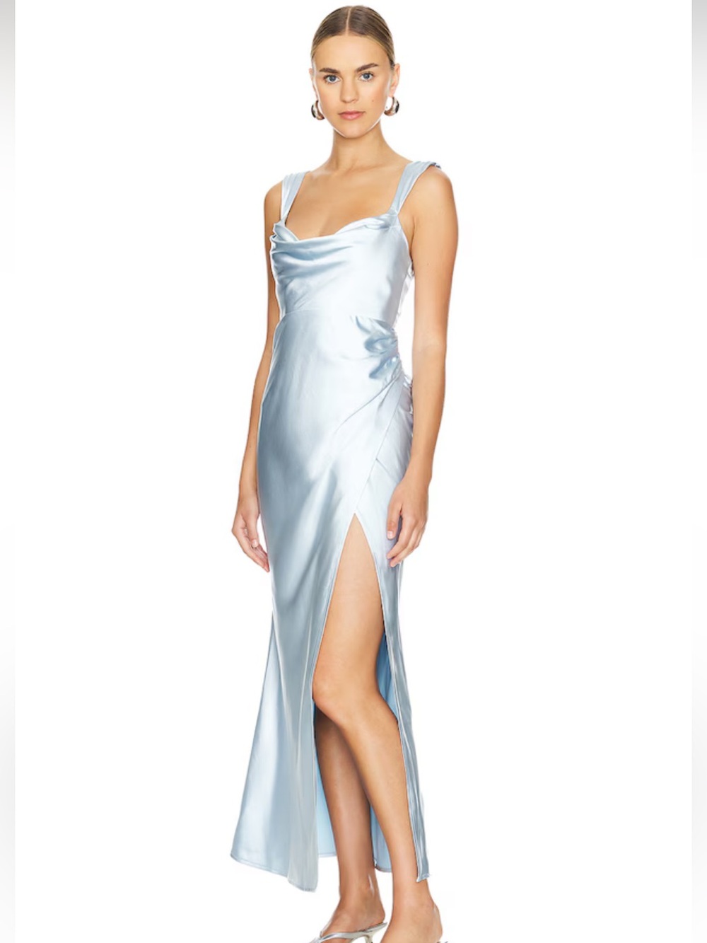 RunAway Silver Satin Cowl Neck Slip Dress with Side Slit
